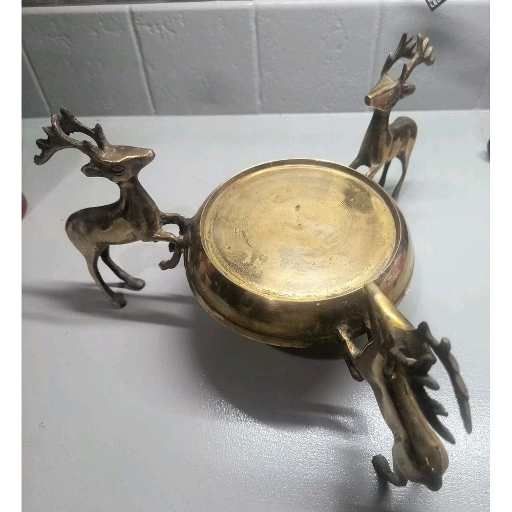 Vintage Solid Brass Reindeer Centerpiece Bowl Stand 3 Leaping Stag Deer 11